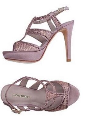 LUCIANO BARACHINI Lilac Light Beige Satin Platform T-Strap Heels w Rhinestones.